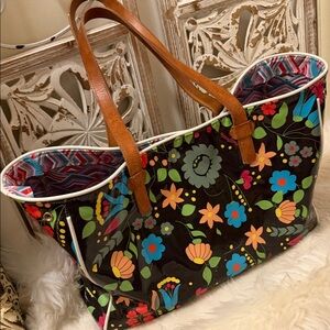 Consuela Black with Bright Flowers Tote with Brown leather  Straps Beautiful Bag